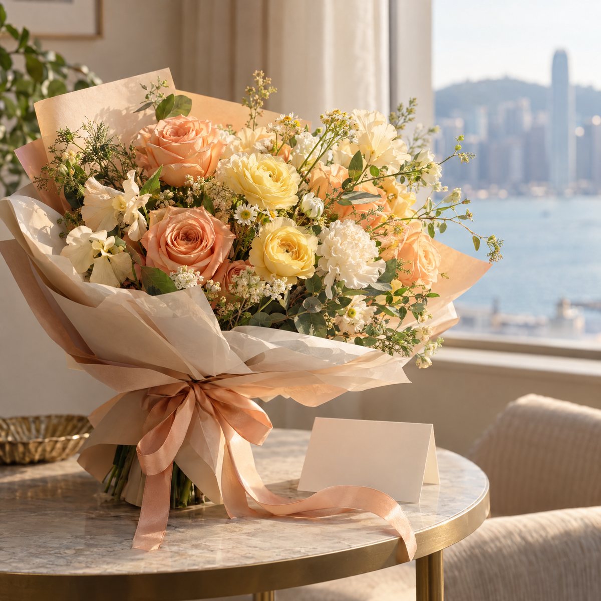 Original editorial image of a warm-toned flower bouquet with a blank thank-you card