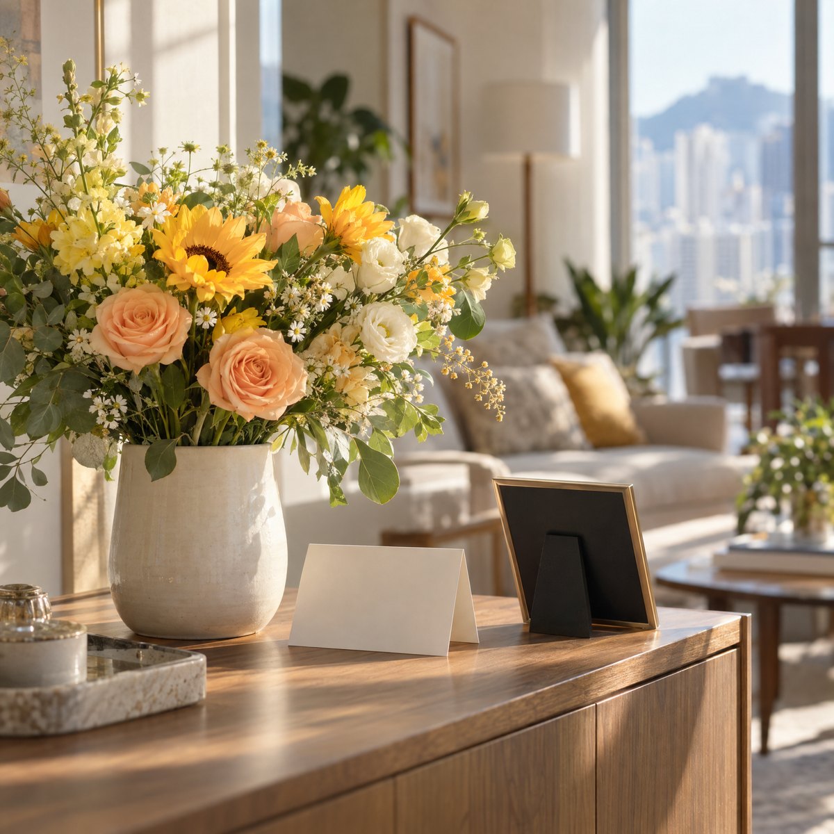 A yellow, apricot and white flower arrangement in a ceramic vase beside a blank card in a sunlit living room.