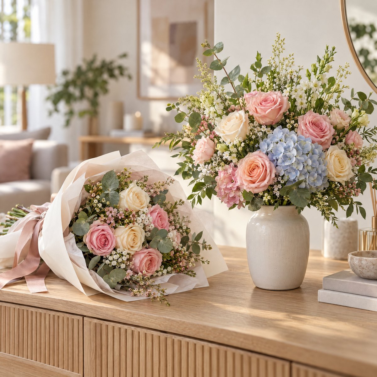 A wrapped pastel rose bouquet beside a flower arrangement in a cream vase on a wooden console.
