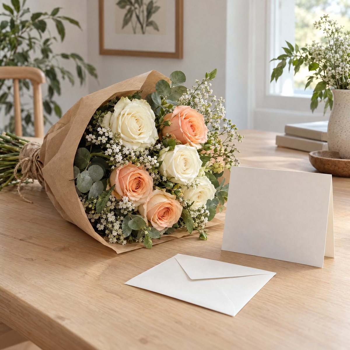 An ivory and apricot rose bouquet in paper wrapping beside a blank folded card and envelope on a wooden table