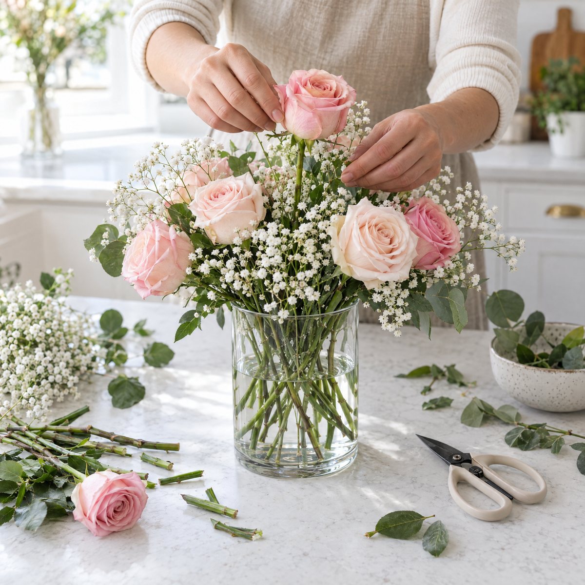 Hands placing a pink rose into a glass vase of blush roses and baby's breath