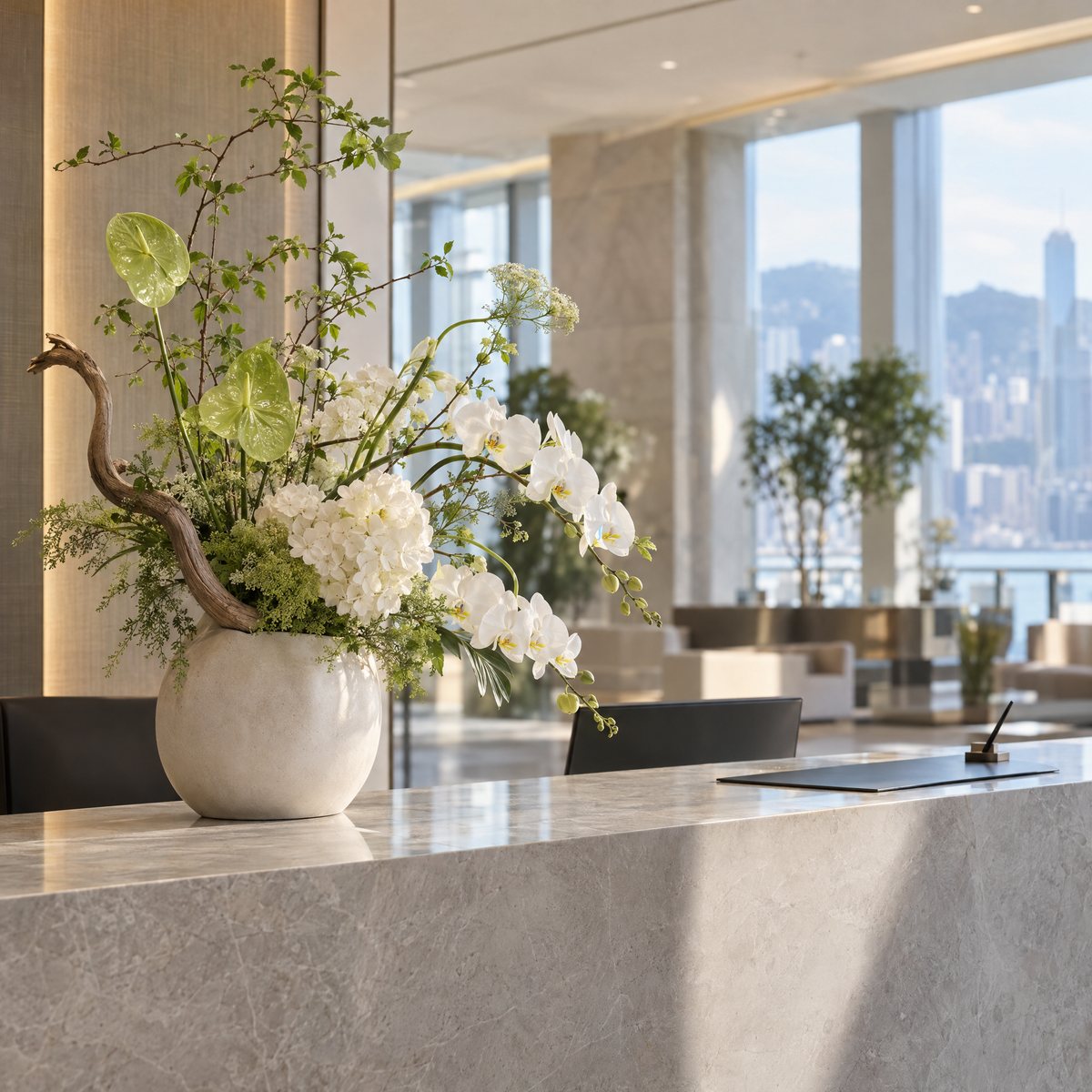 Original editorial image of a floral arrangement on a modern office reception counter