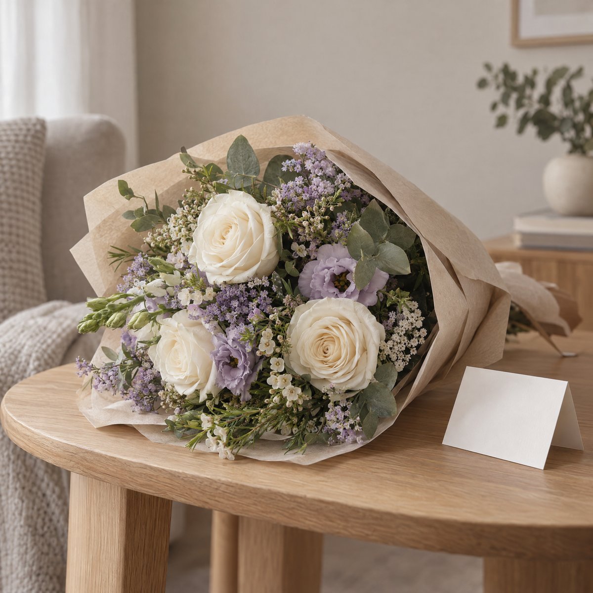 A cream and pale lavender bouquet in neutral paper wrapping beside a blank folded card on a wooden side table