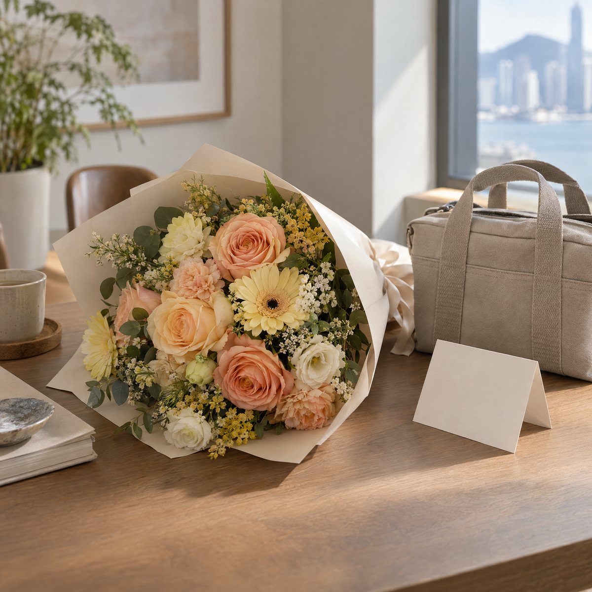 A pastel hand-tied bouquet wrapped in neutral paper beside a travel tote and a blank card