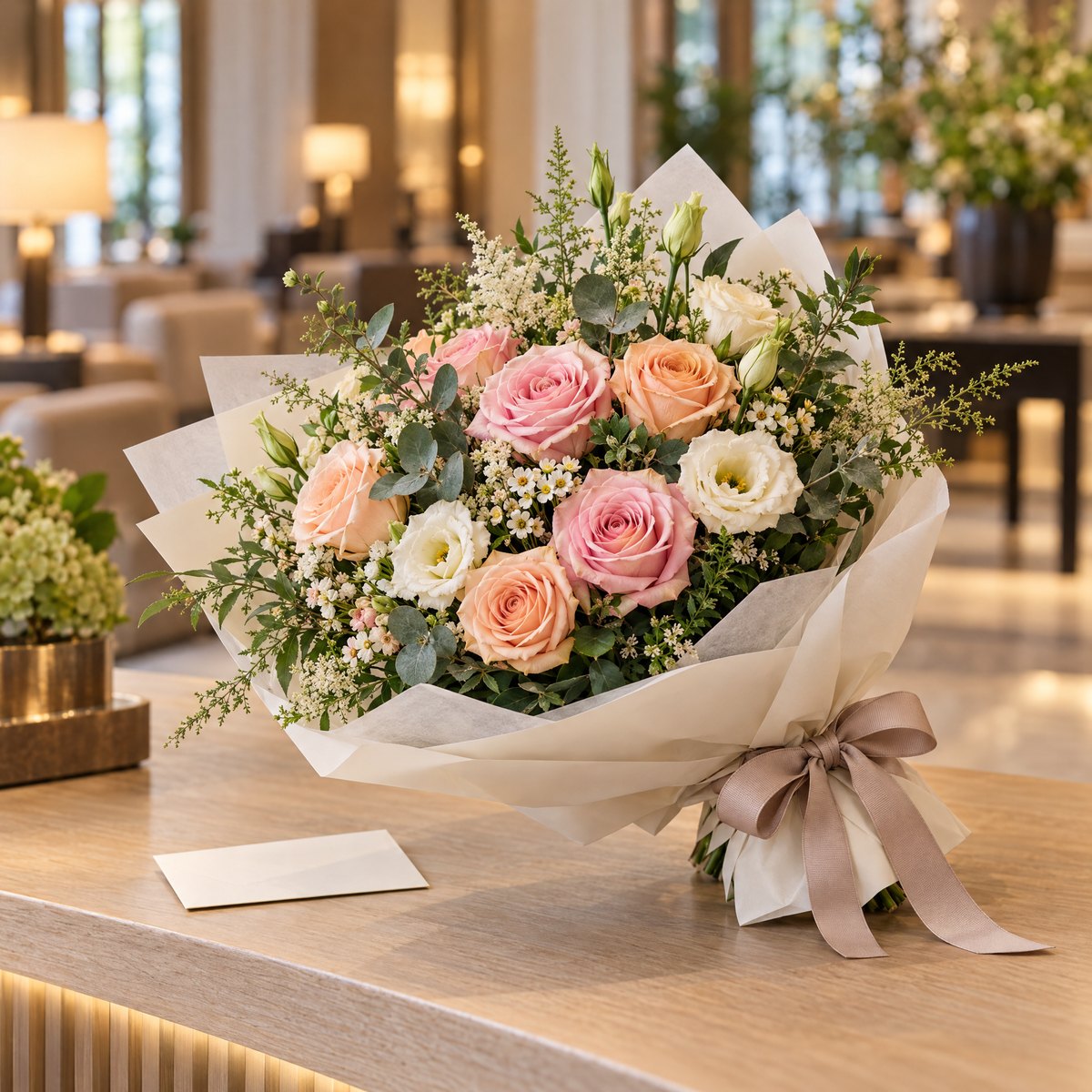 A wrapped blush and peach flower bouquet with a small envelope on a wooden hotel concierge counter.