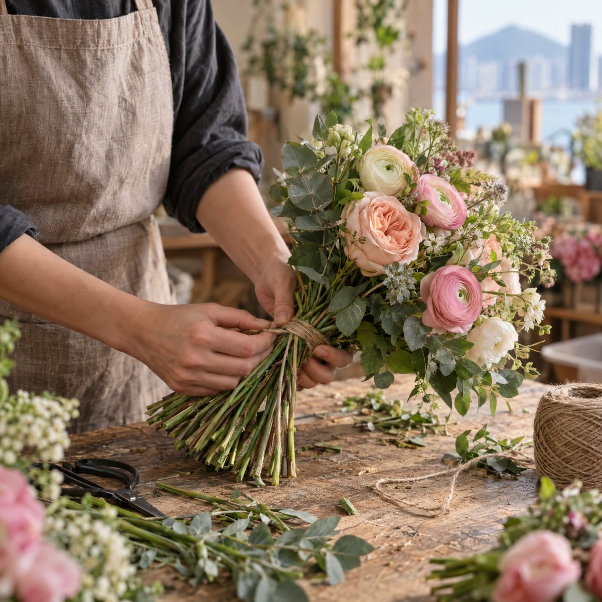 Florist's hands tying a bouquet of pink garden roses and greenery on a wooden workbench