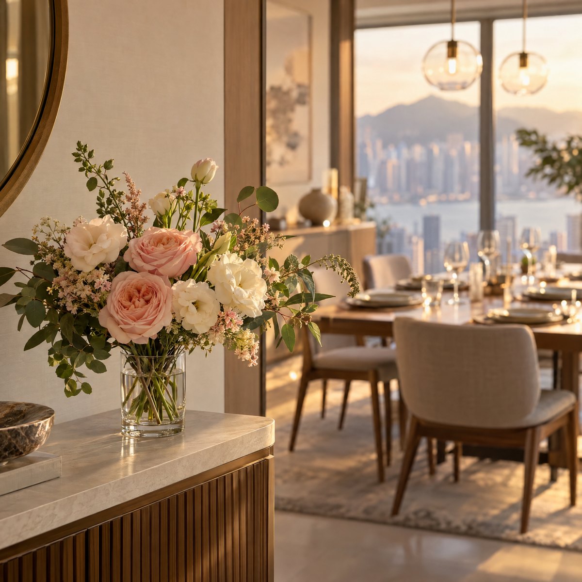 A blush, peach and cream flower arrangement in a clear vase beside a table set for dinner.