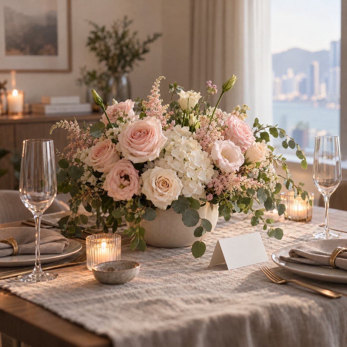 A soft pink and cream flower arrangement on a dinner table for two beside a blank card