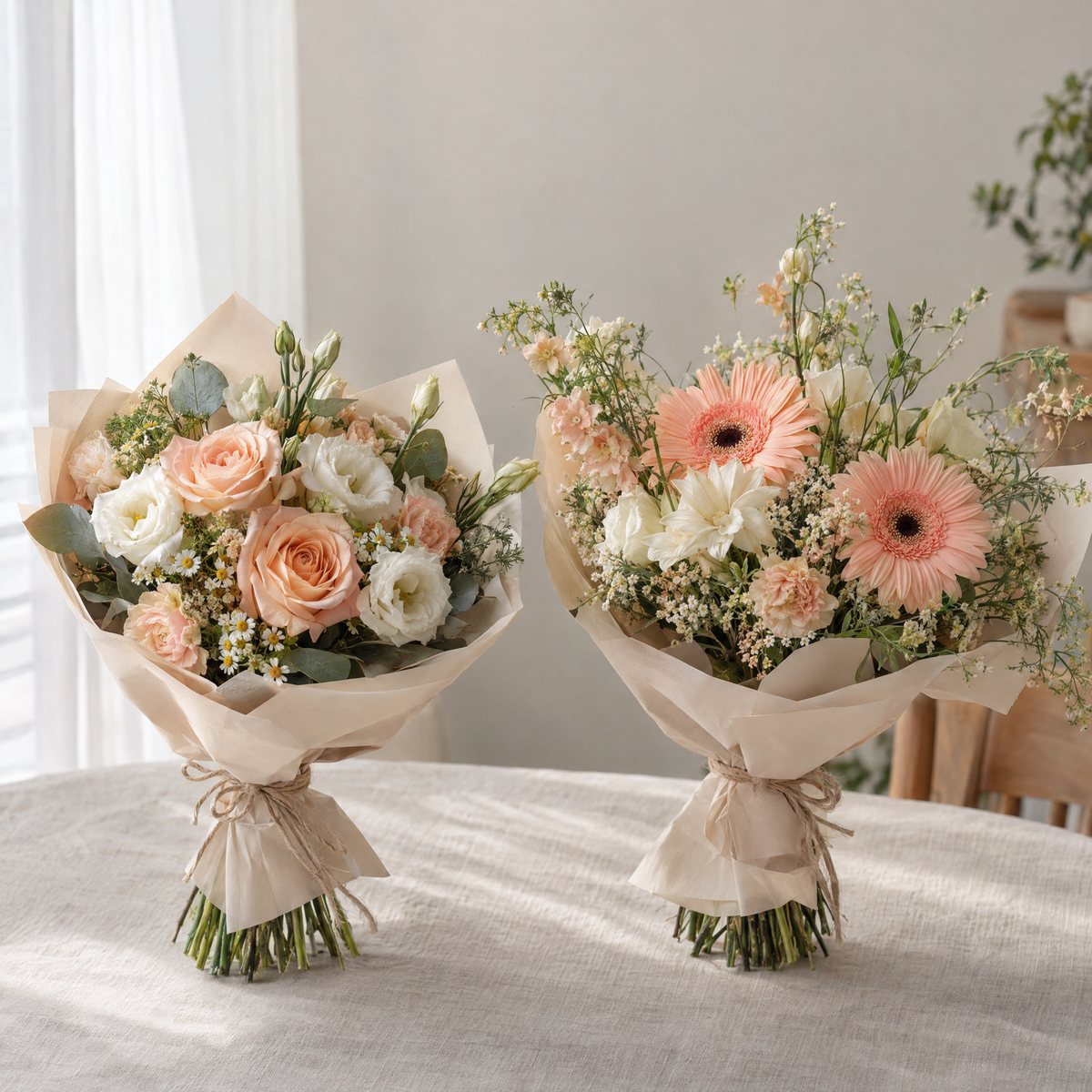 Two hand-tied peach and cream bouquets with different focal flowers and shapes in neutral wrapping on a light table
