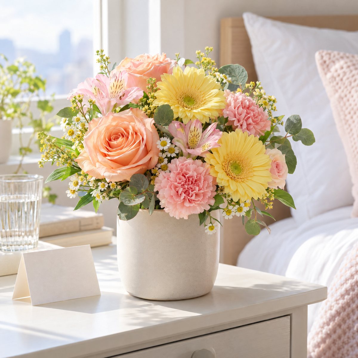 Original editorial image of a cheerful pastel flower arrangement with a simple get-well card on a bright bedside table