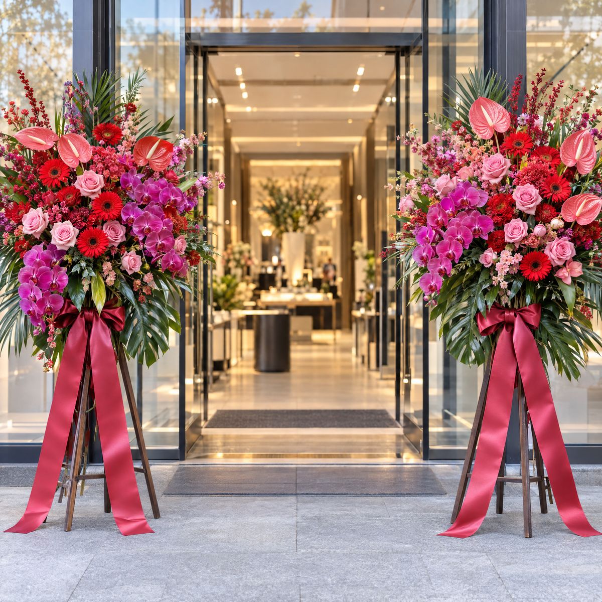 Two grand opening flower stands with red gerberas, pink roses and orchids beside a glass shop entrance