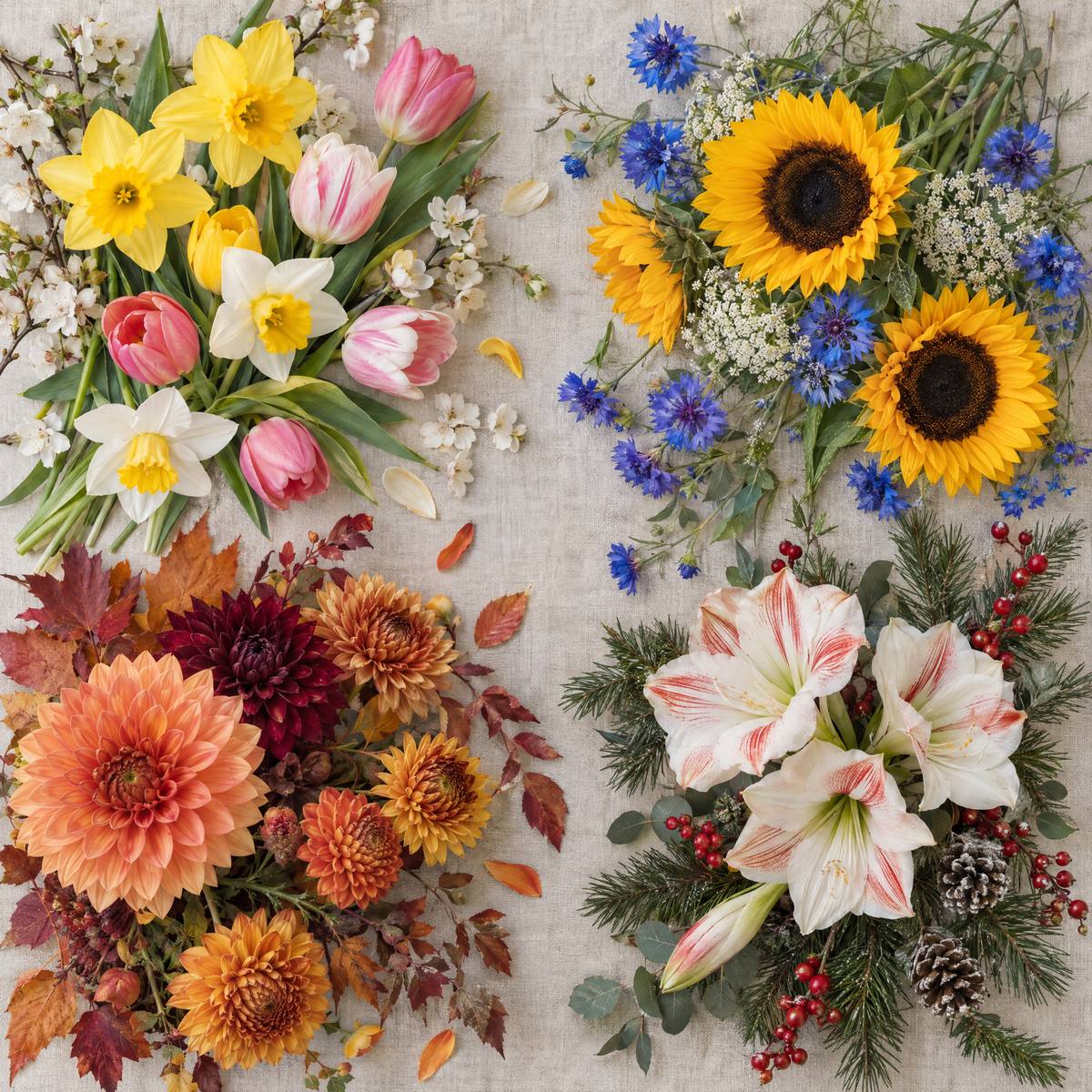 Flat lay of seasonal flowers: daffodils and tulips, sunflowers and cornflowers, dahlias and chrysanthemums, and lilies with pine and berries