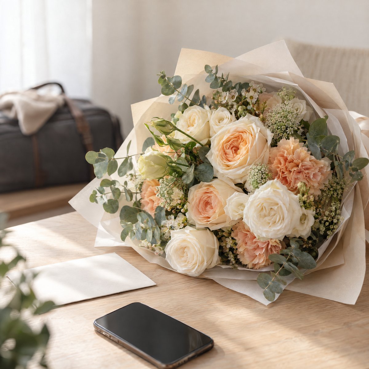 A cream and apricot bouquet beside a blank envelope and dark-screen phone on a wooden desk, with a travel bag in the background