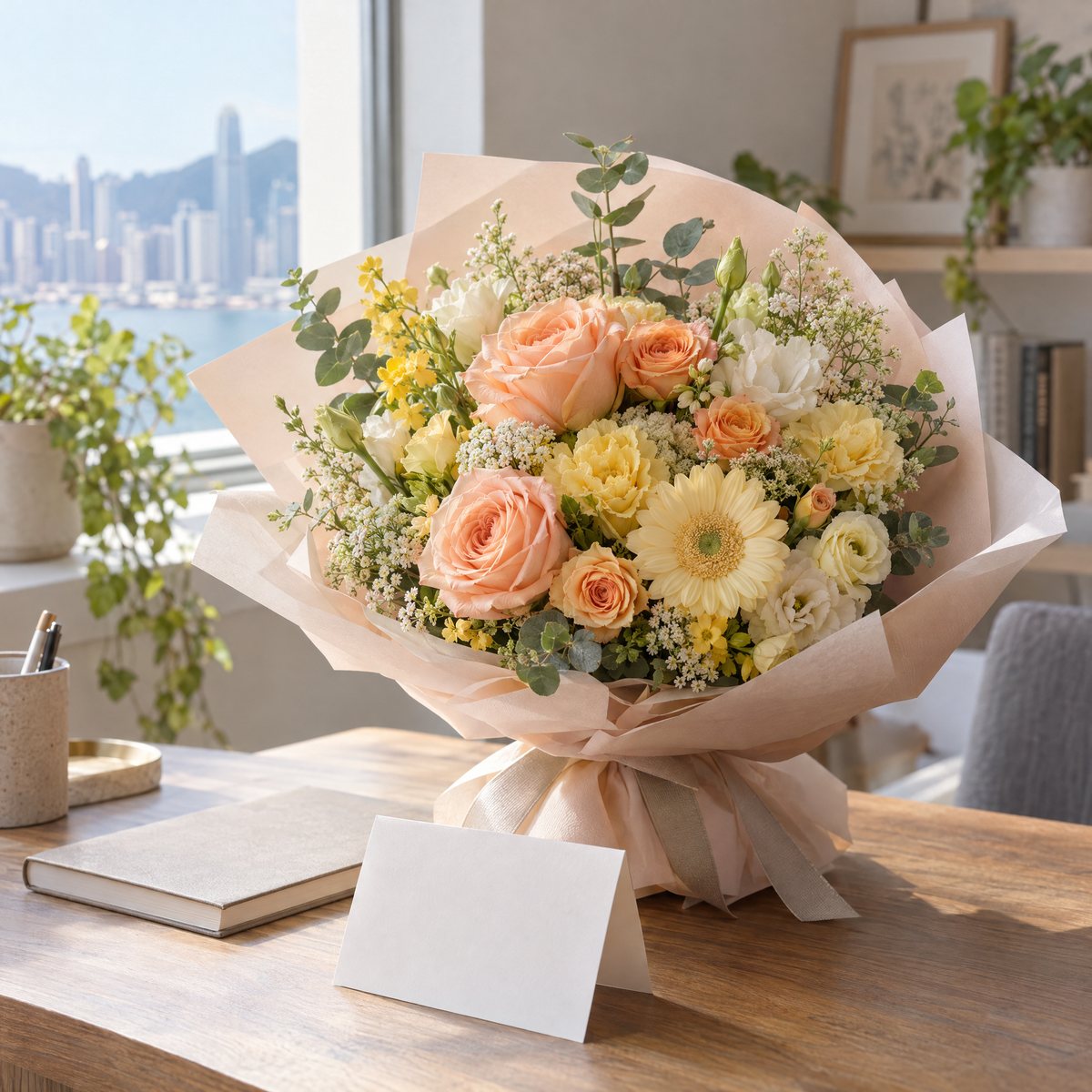 A peach, yellow and cream flower bouquet beside a blank card and a closed notebook on a personal desk