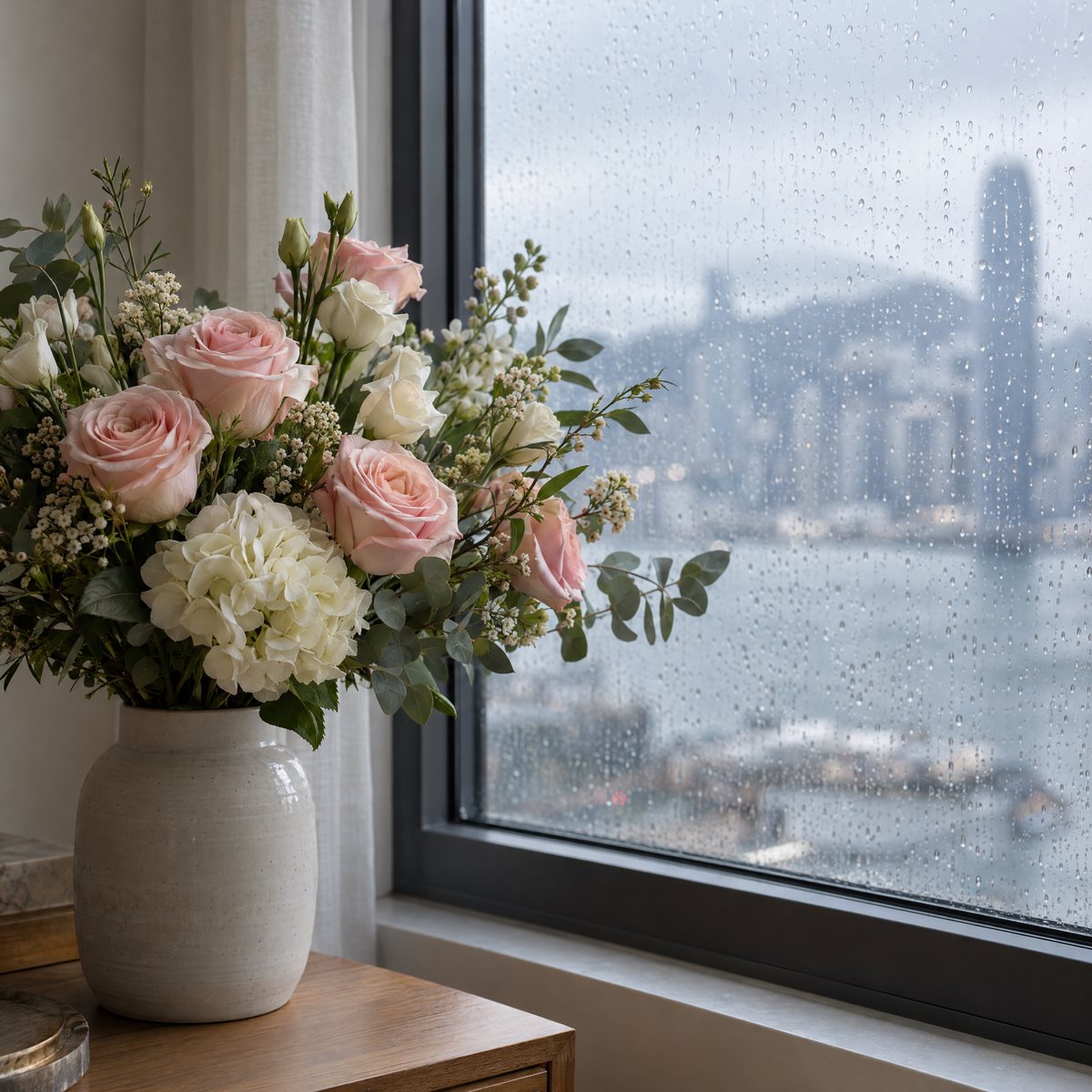 Blush and cream flowers in a ceramic vase indoors beside a rain-speckled closed window