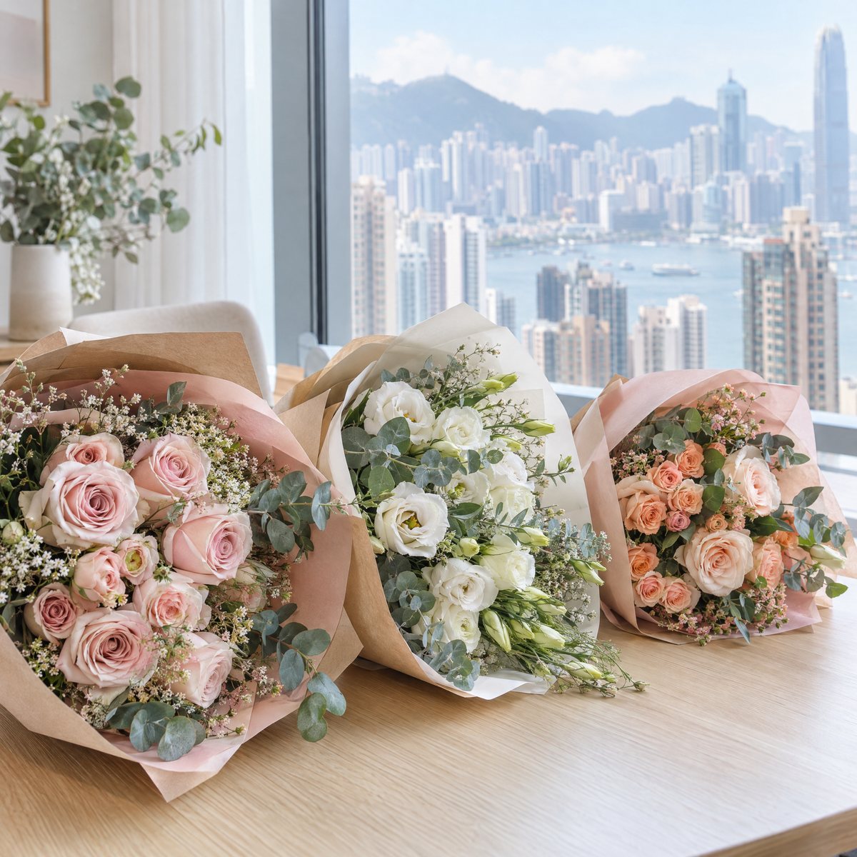 Three hand-tied bouquets of blush roses, white lisianthus and peach spray roses on a table by a window overlooking Hong Kong