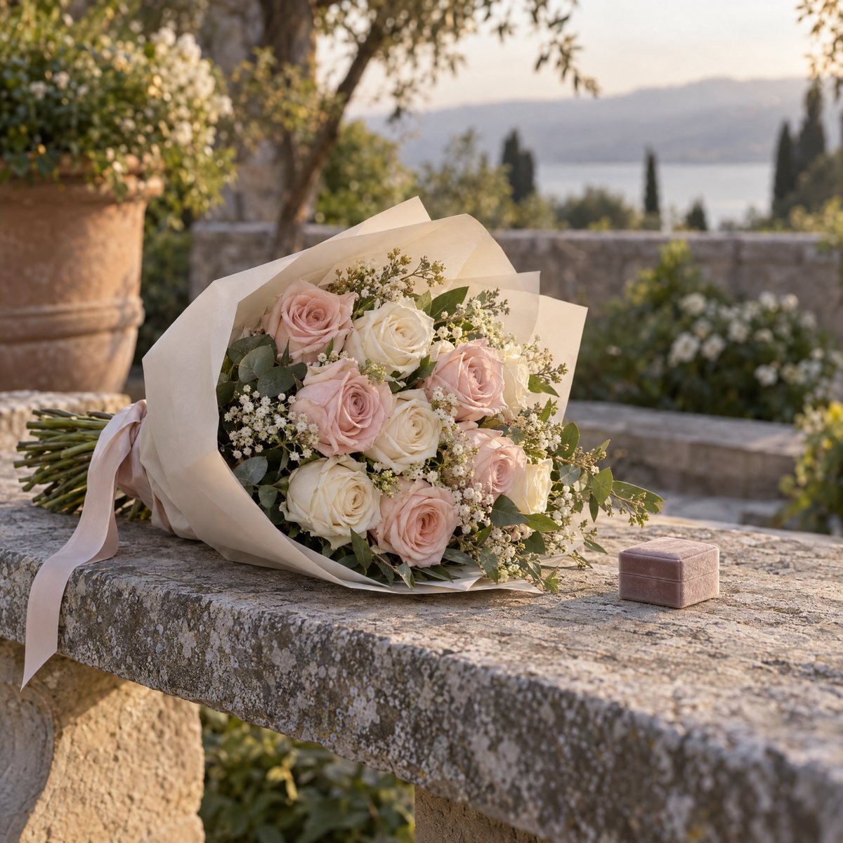 A blush and ivory rose bouquet on a stone bench beside a small closed velvet box in a garden setting