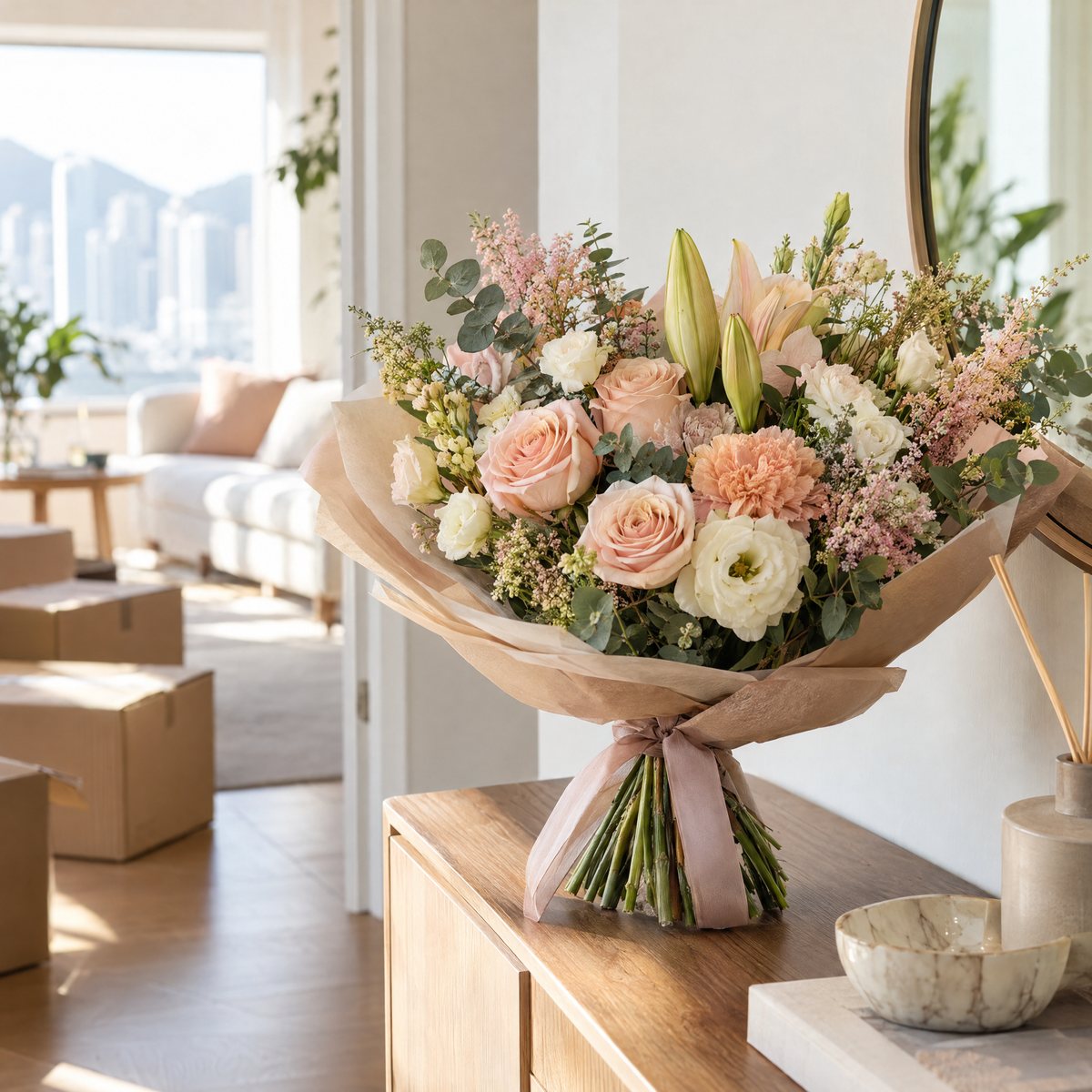 Original editorial image of a soft pastel flower bouquet on a new-home entry console