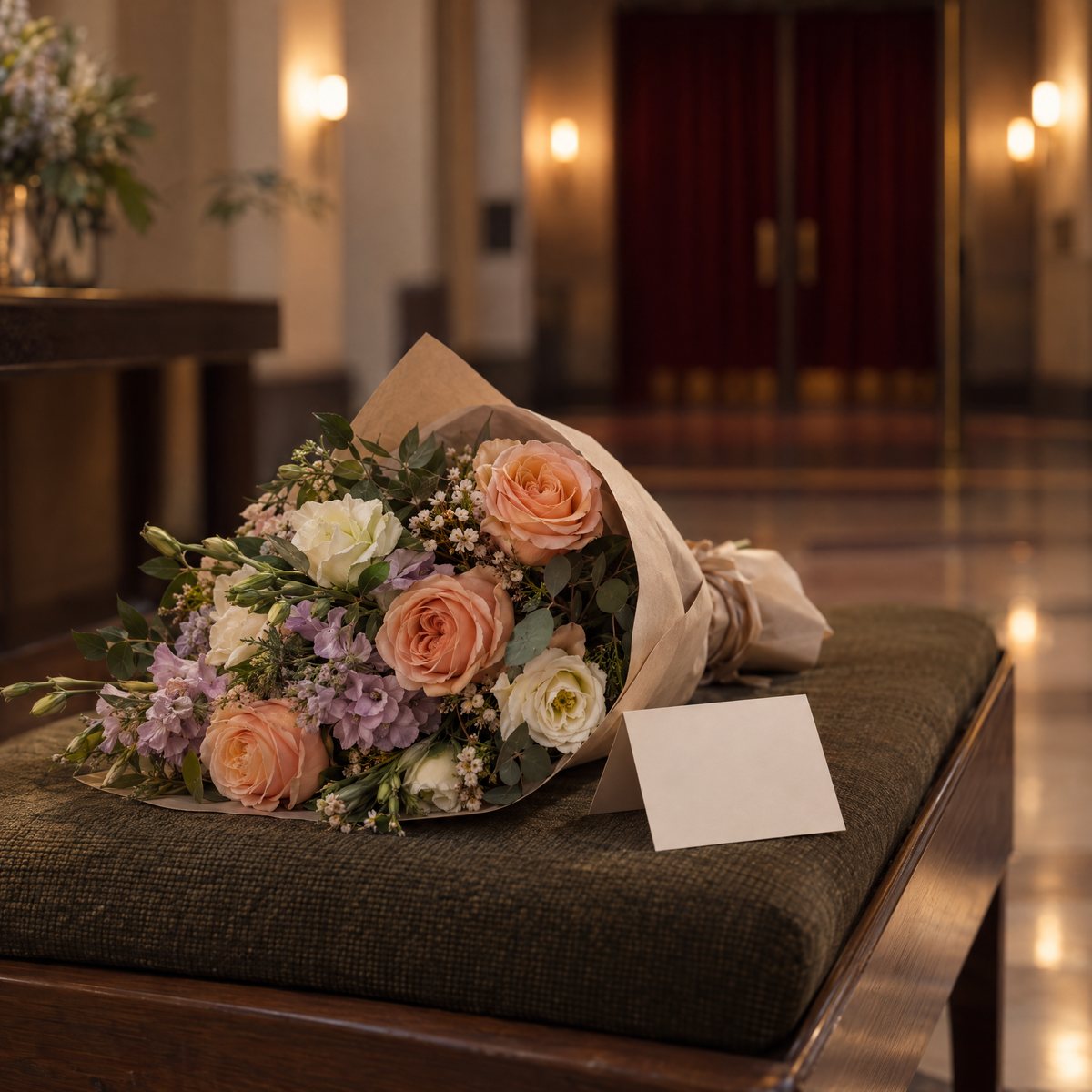 A peach, ivory and lavender bouquet in neutral wrapping beside a blank card on a bench in a softly lit theatre foyer