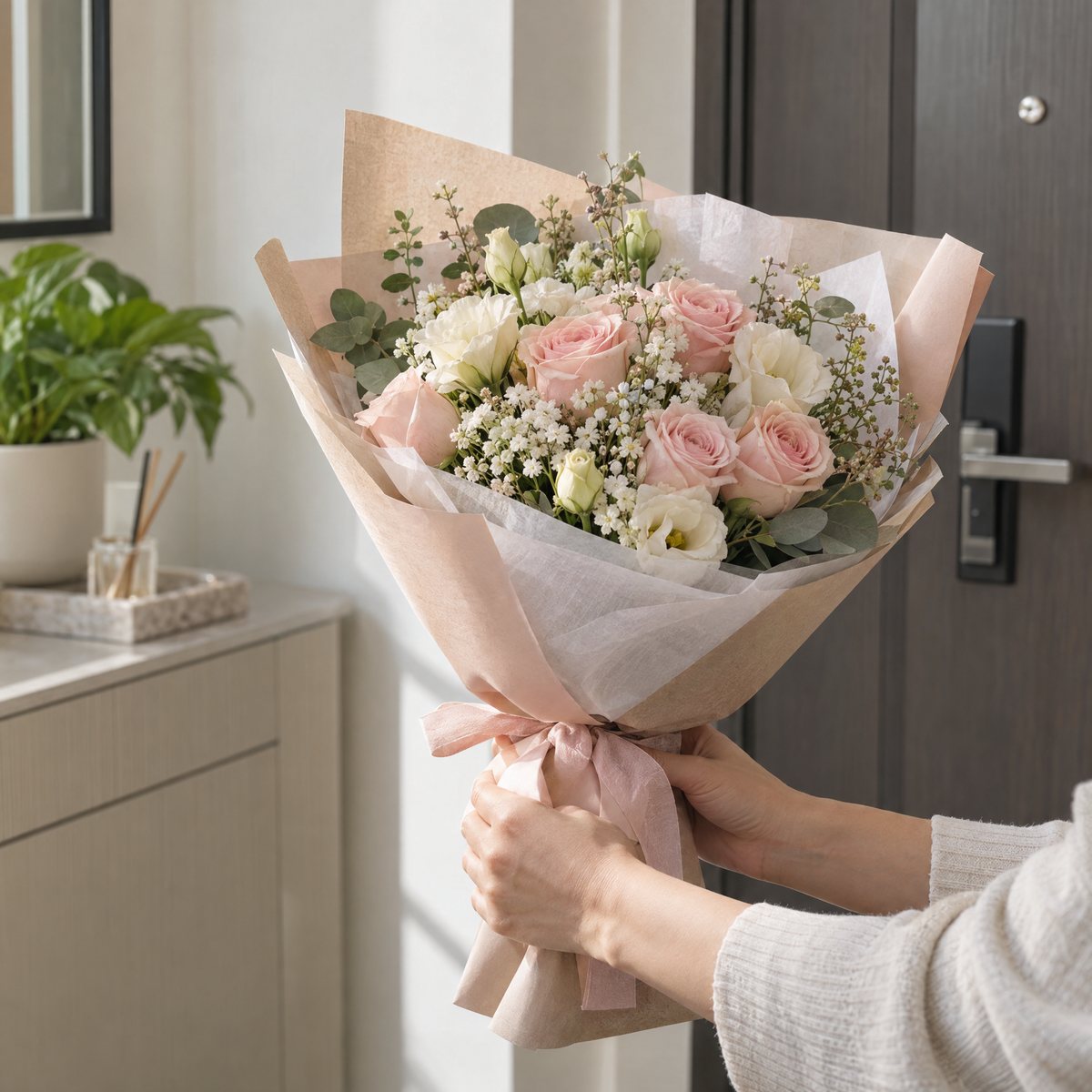Hands holding a blush and cream wrapped bouquet in a neutral apartment entrance
