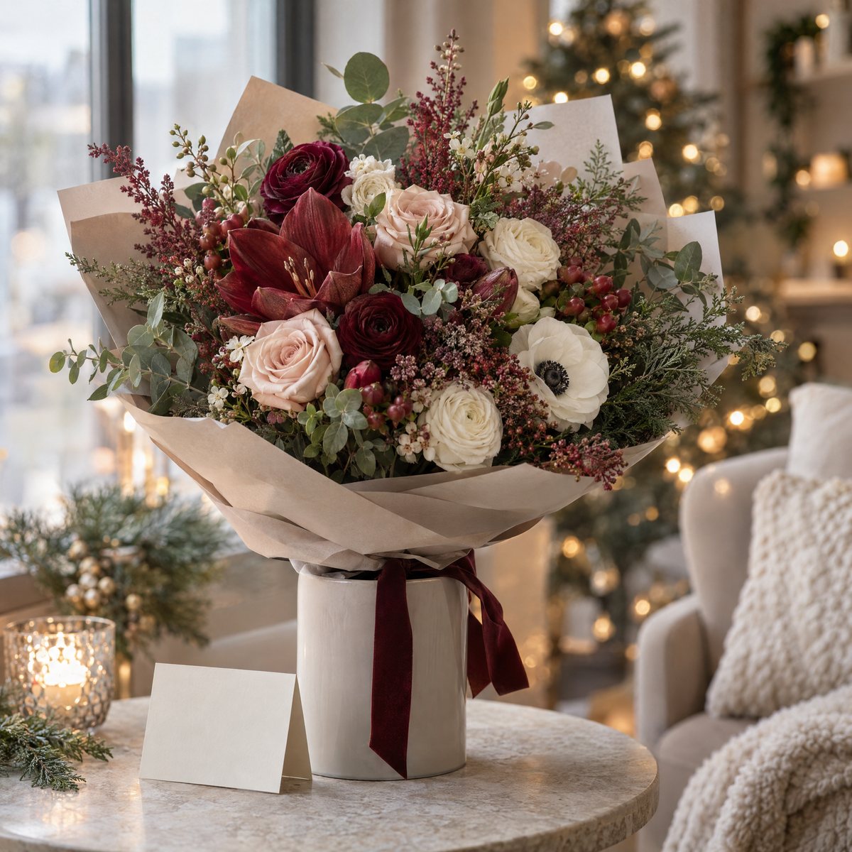 An ivory and cranberry flower bouquet in neutral wrapping beside a blank card with soft festive lights in the background