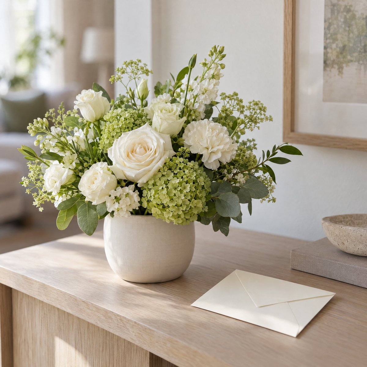 A cream and soft-green flower arrangement in an ivory ceramic vessel beside a sealed envelope on a wooden home console