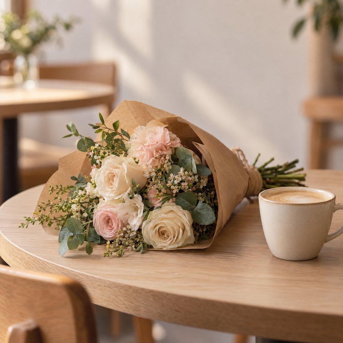A small blush and cream bouquet in kraft wrapping beside a ceramic coffee cup on a wooden café table