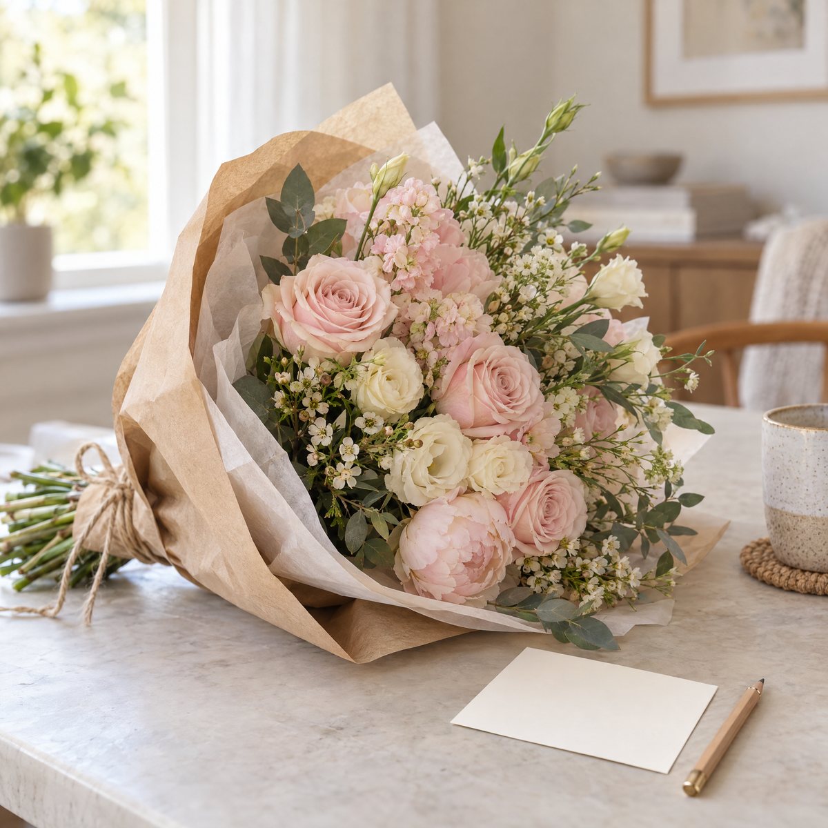 A pale pink and cream bouquet in paper wrapping beside a blank note card and pencil on a light tabletop