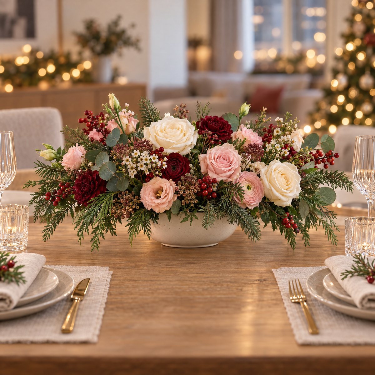 A low arrangement of ivory, blush and burgundy flowers on a Christmas dining table with clear place settings.
