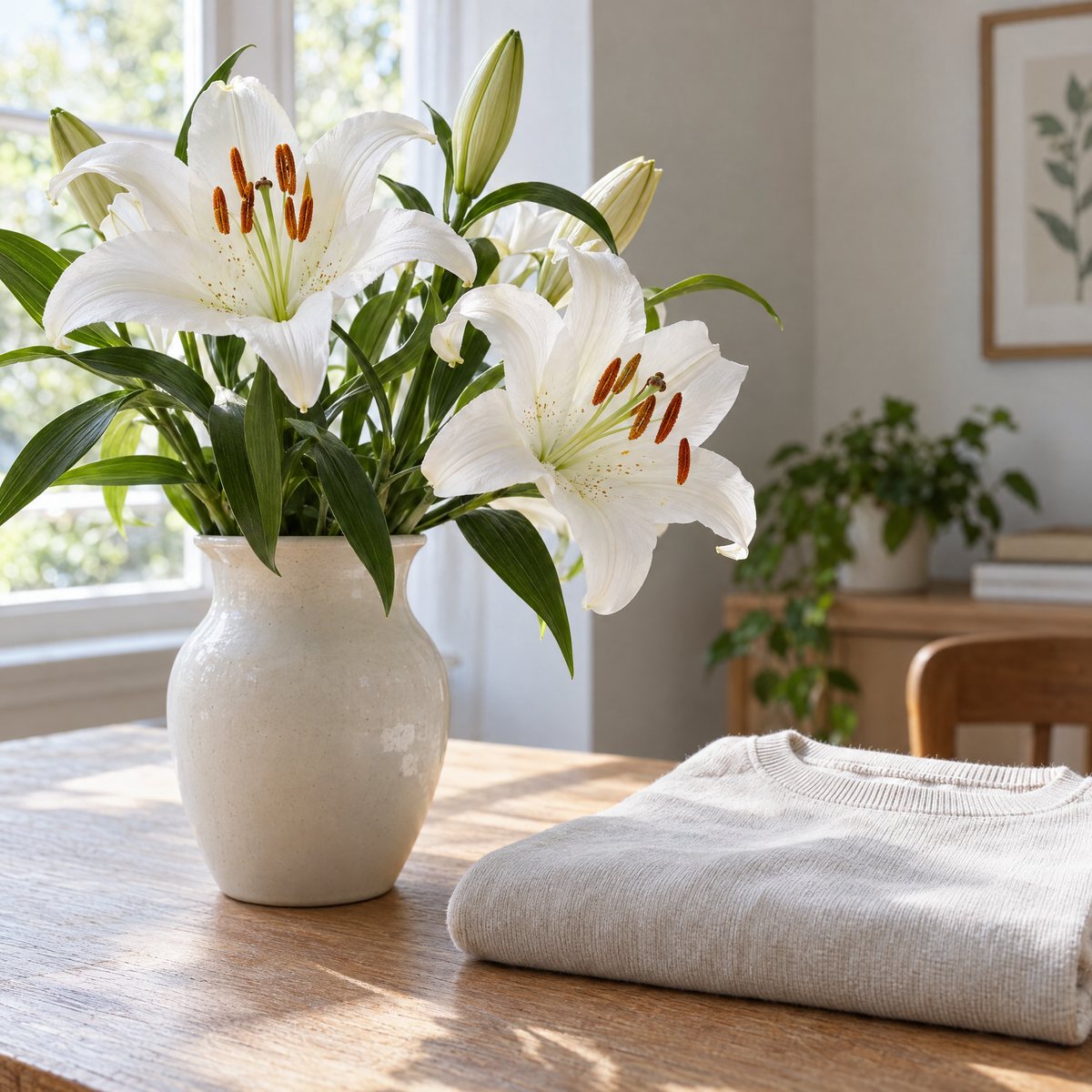 White lilies with visible ochre anthers in a ceramic vase beside a folded pale garment