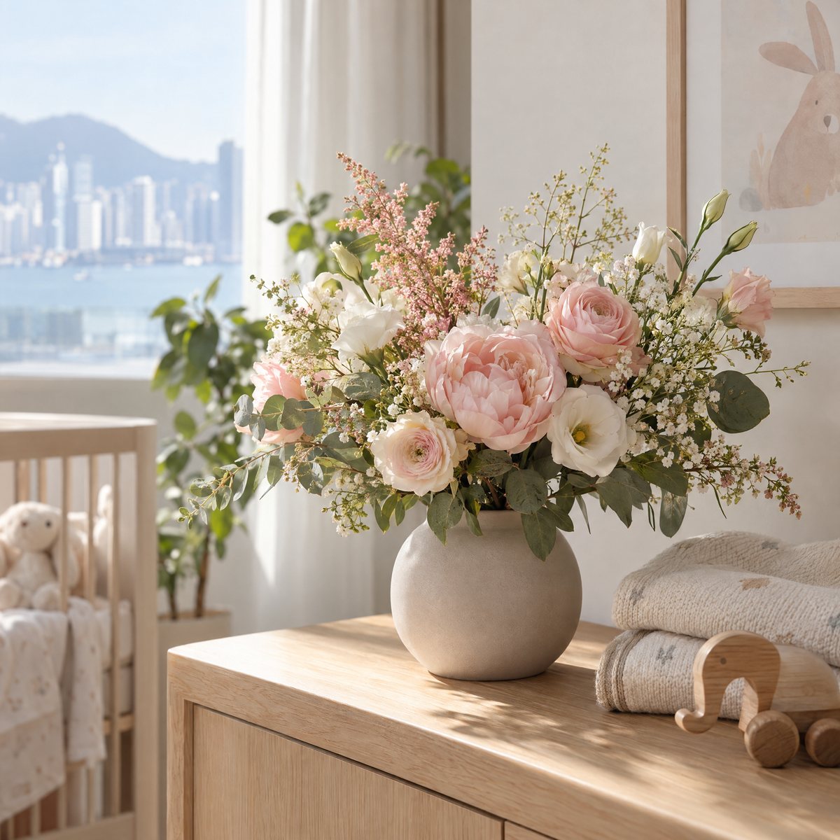 Original editorial image of soft pastel flowers in a nursery setting for a new baby gift