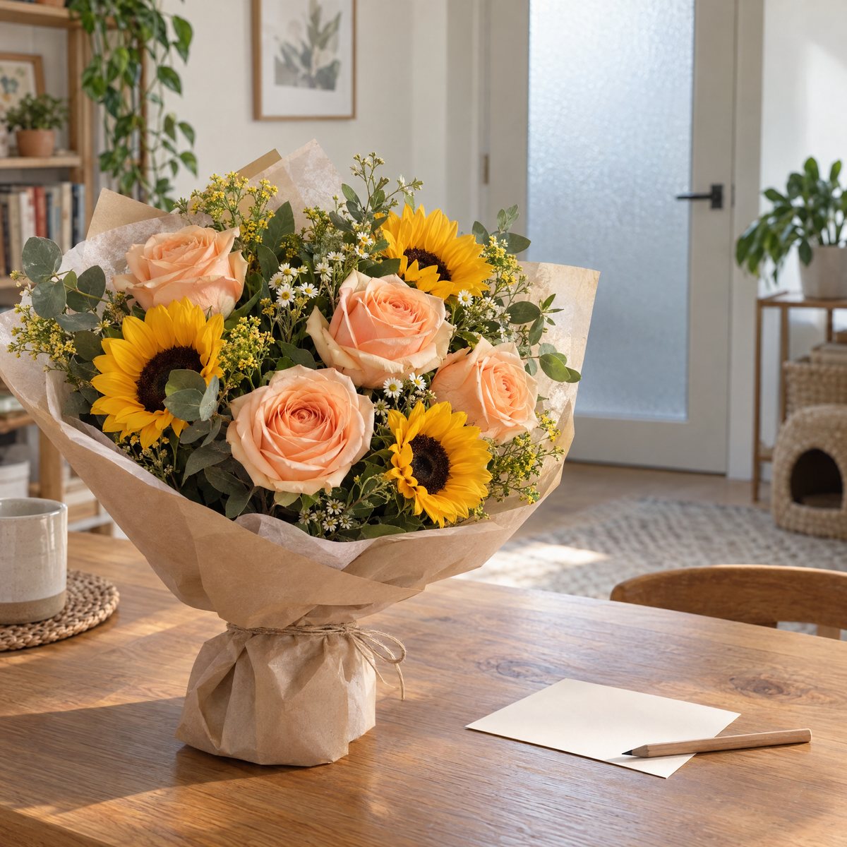 Peach roses and yellow sunflowers in neutral wrapping on a wooden table beside a blank note and pencil