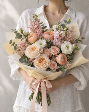 Florist holding a fresh hand-tied same-day bouquet in soft champagne and blush tones